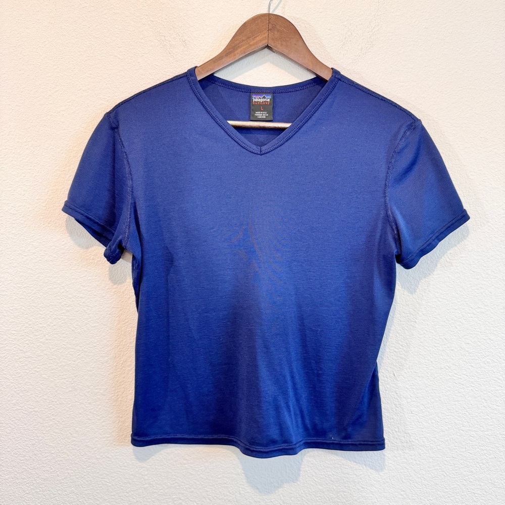Patagonia Capilene V-Neck Tee Shirt L Blue Performance Athleisure Hiking Trail